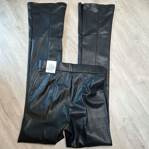 ZARA Faux Leather Slim Flare Leg Pants Split Hem Bootleg Slit  Black small NWT - Picture 8 of 11